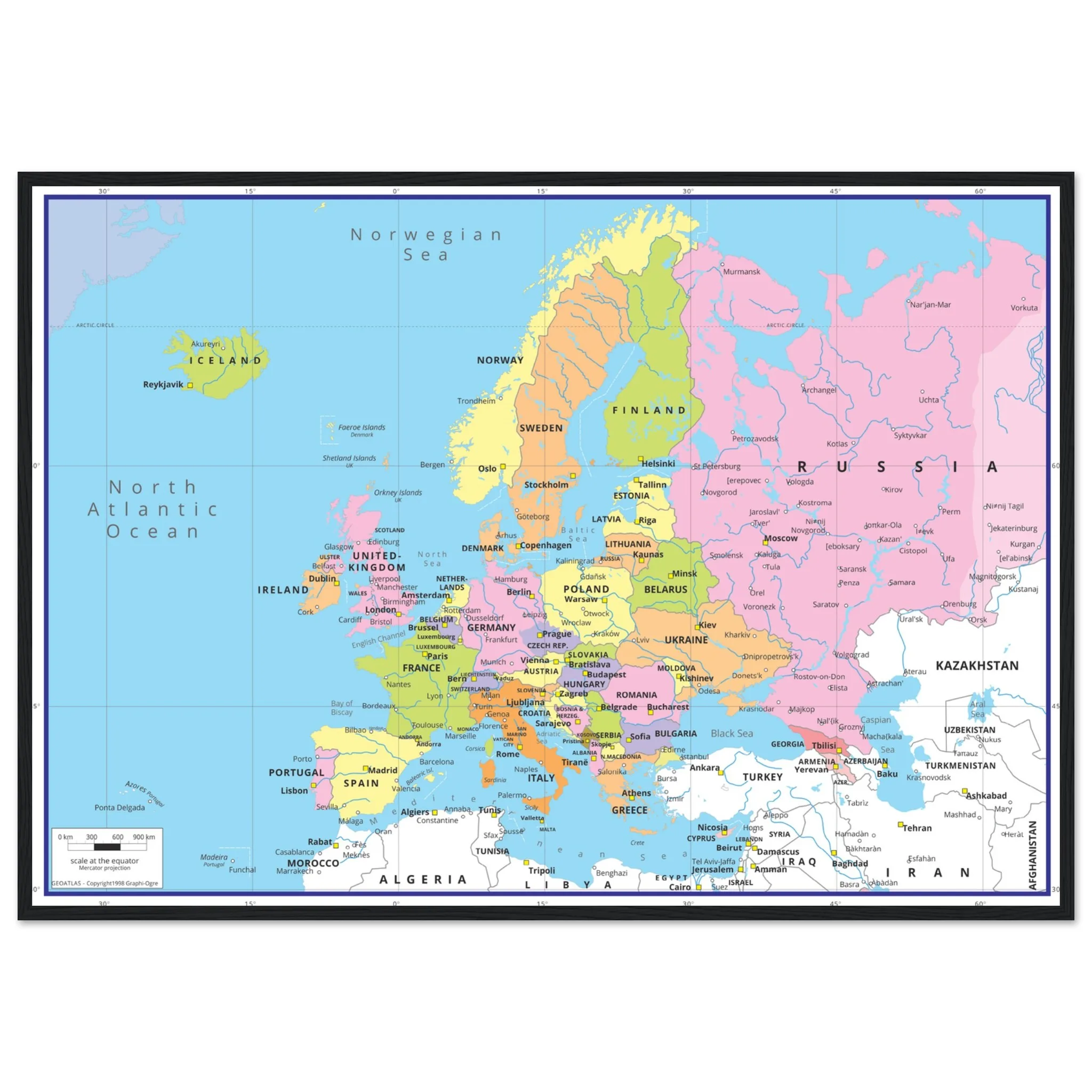 A framed, detailed political wall map of Europe showing national borders, major cities, and bodies of water in color.