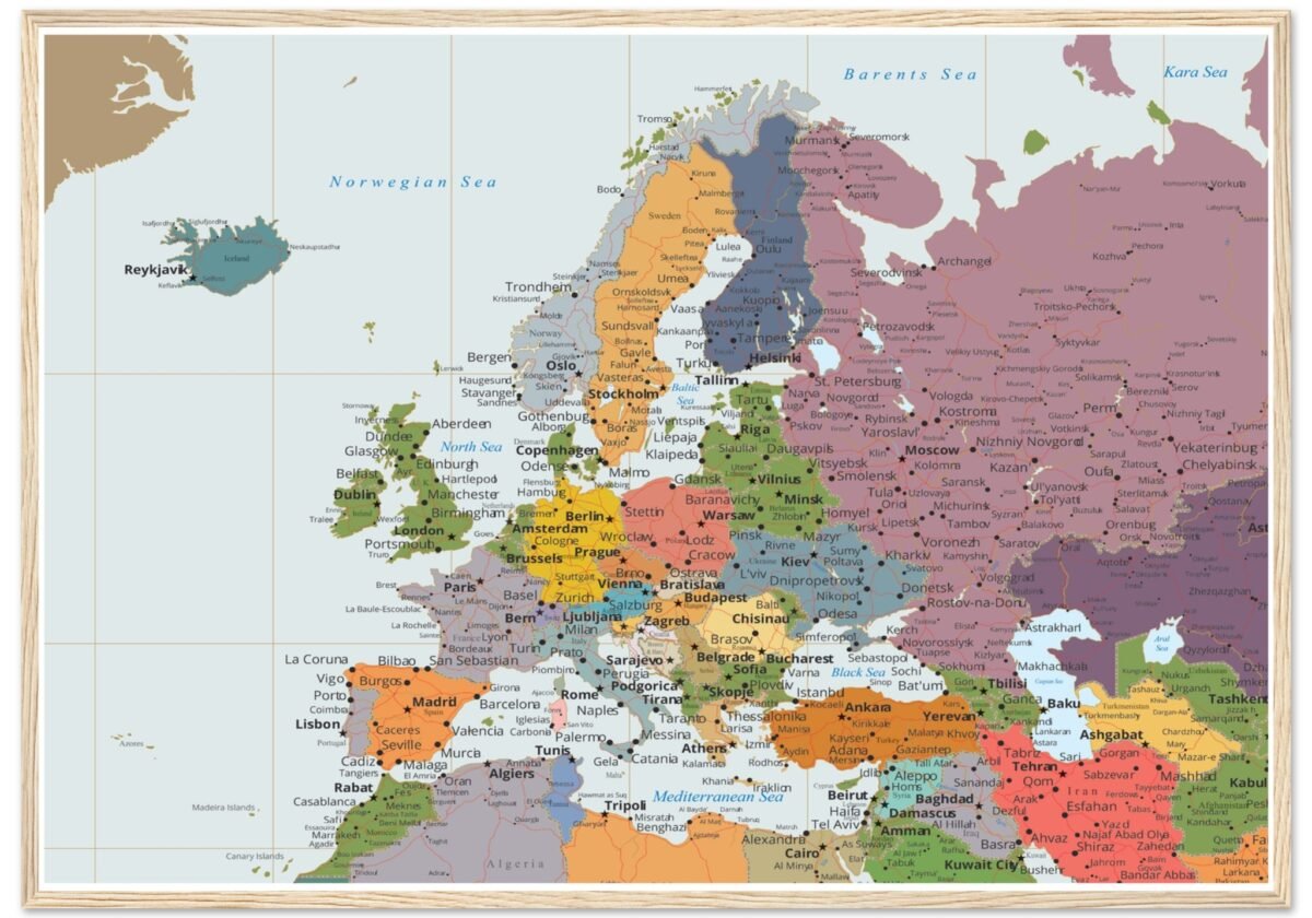 Political map of Europe showing countries, capitals, borders, and major cities. Political map of Europe showing countries, capitals, borders, and major cities.
