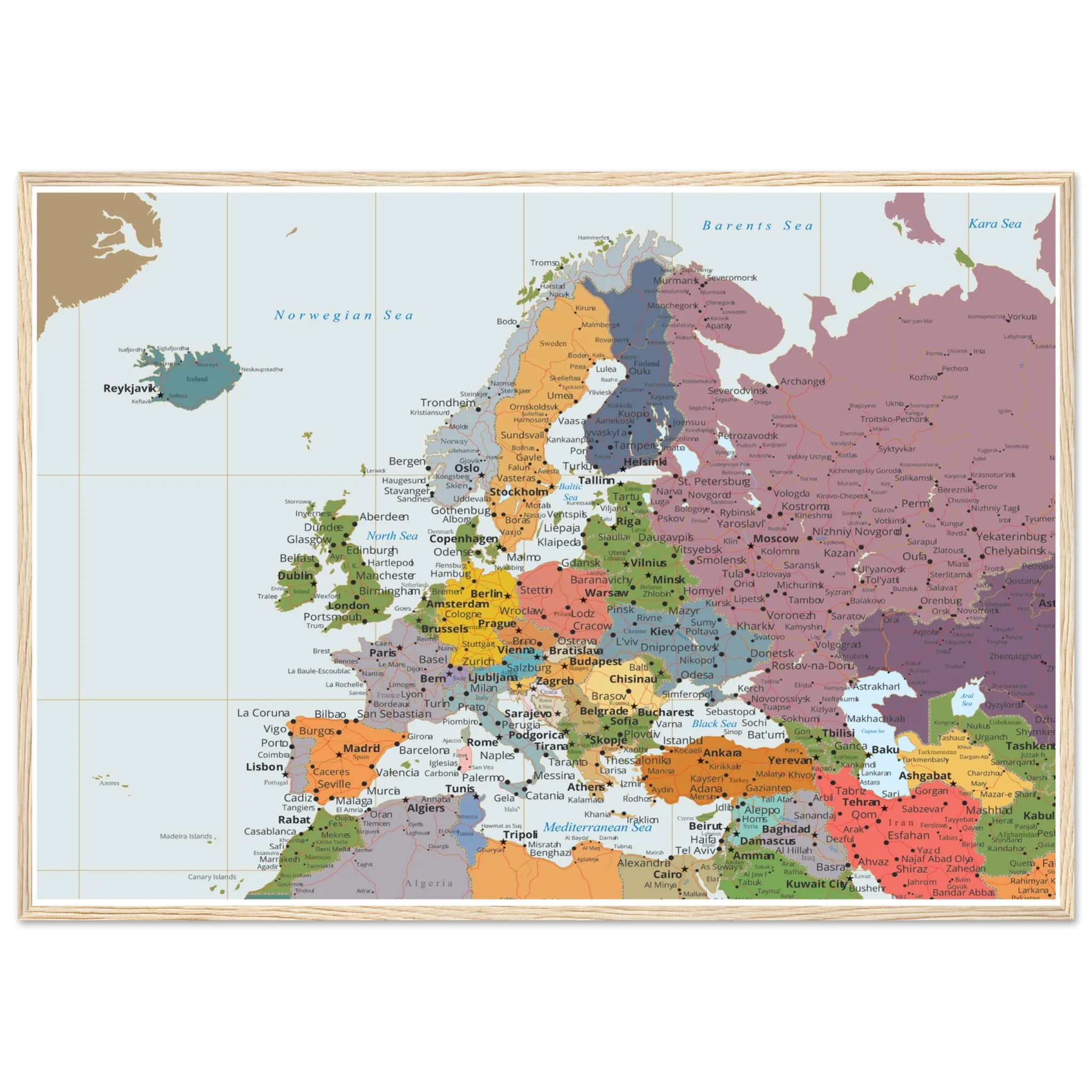 Political map of Europe showing countries, capitals, borders, and major cities.