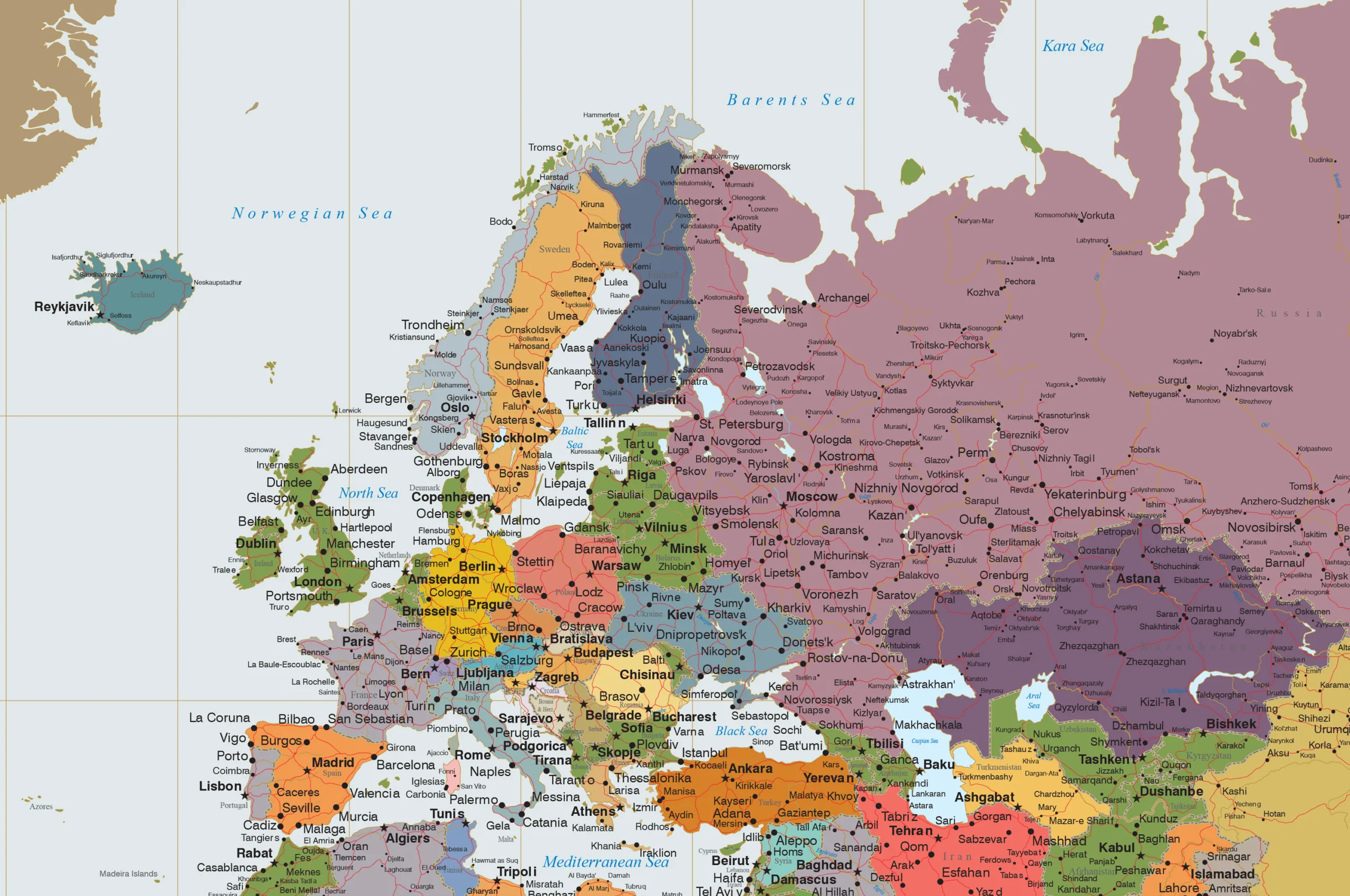 Highly Detailed Eurasia Map – Political Wall Map with Countries & Capitals