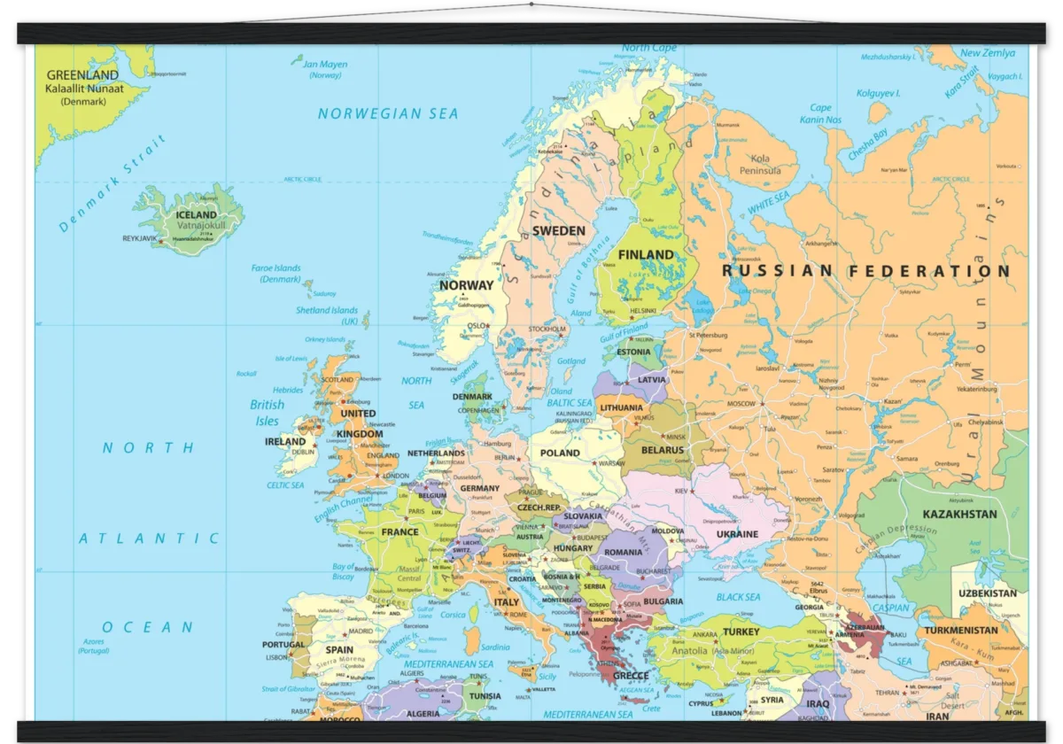 Political map of Europe showing countries, capitals, borders, and major cities. Political map of Europe showing countries, capitals, borders, and major cities.