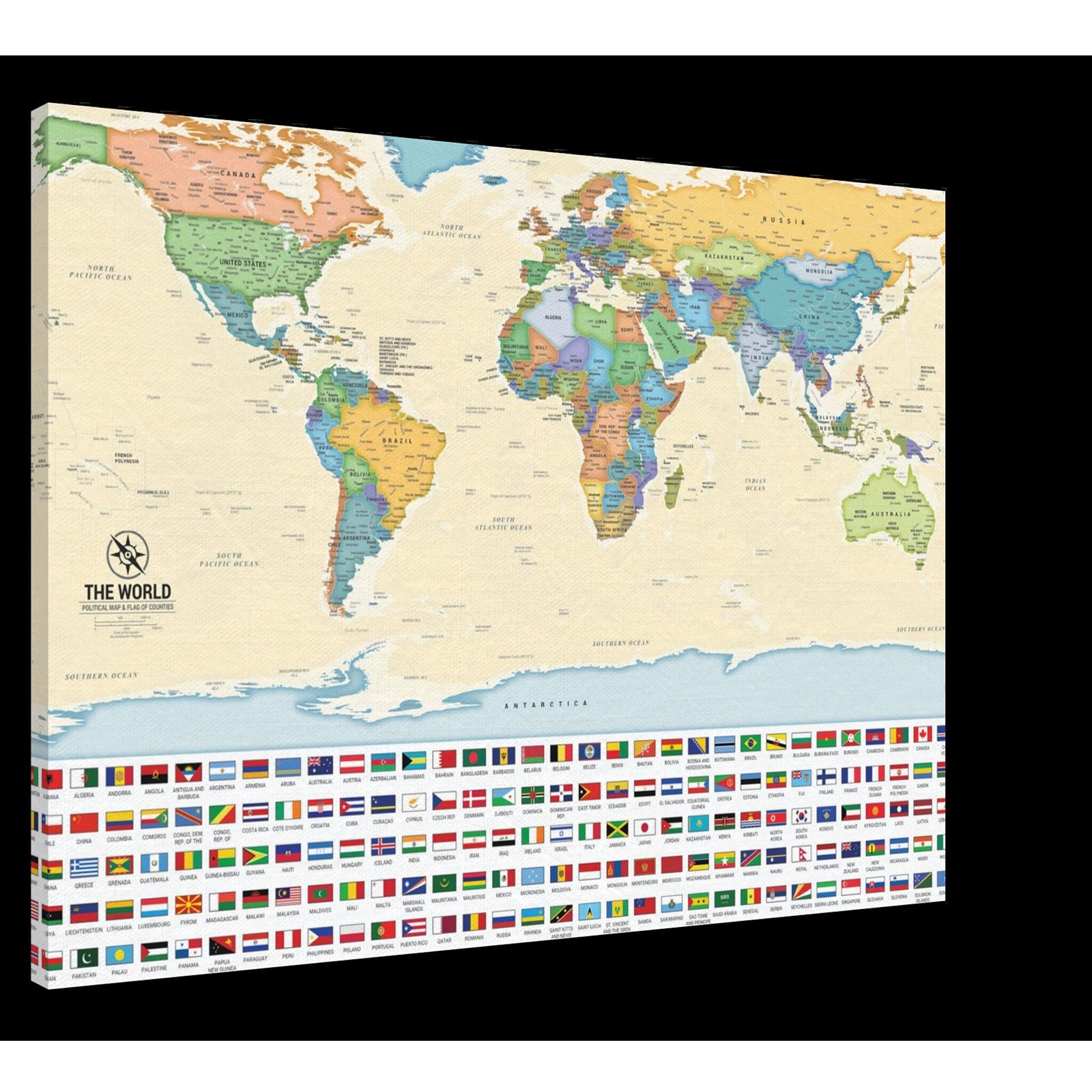 f88b7606-810e-454c-9f13-c0864ee954f7-webp.jpg A canvas wall map of the world featuring colorful political borders and a grid of national flags at the bottom.