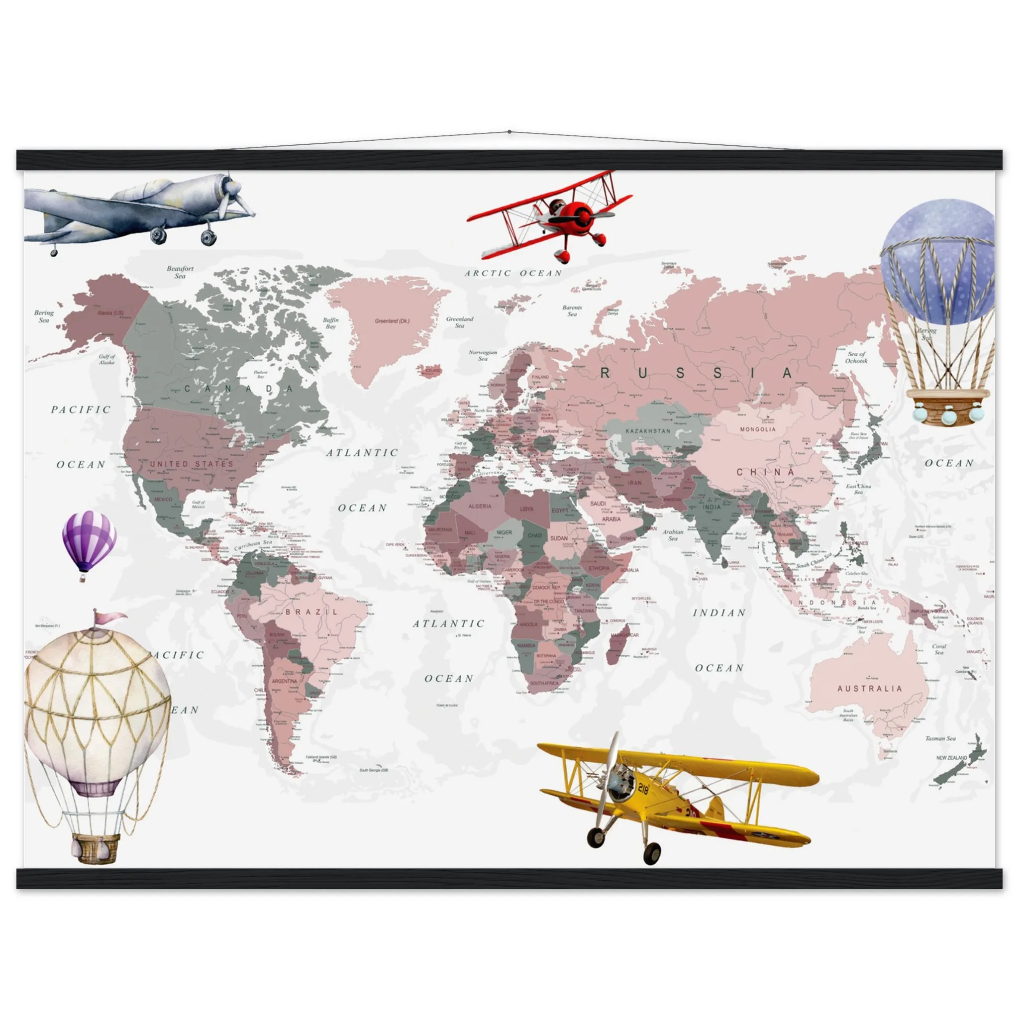 A world map poster for kids featuring muted colors, vintage airplanes, and hot air balloons hanging on a black rail.