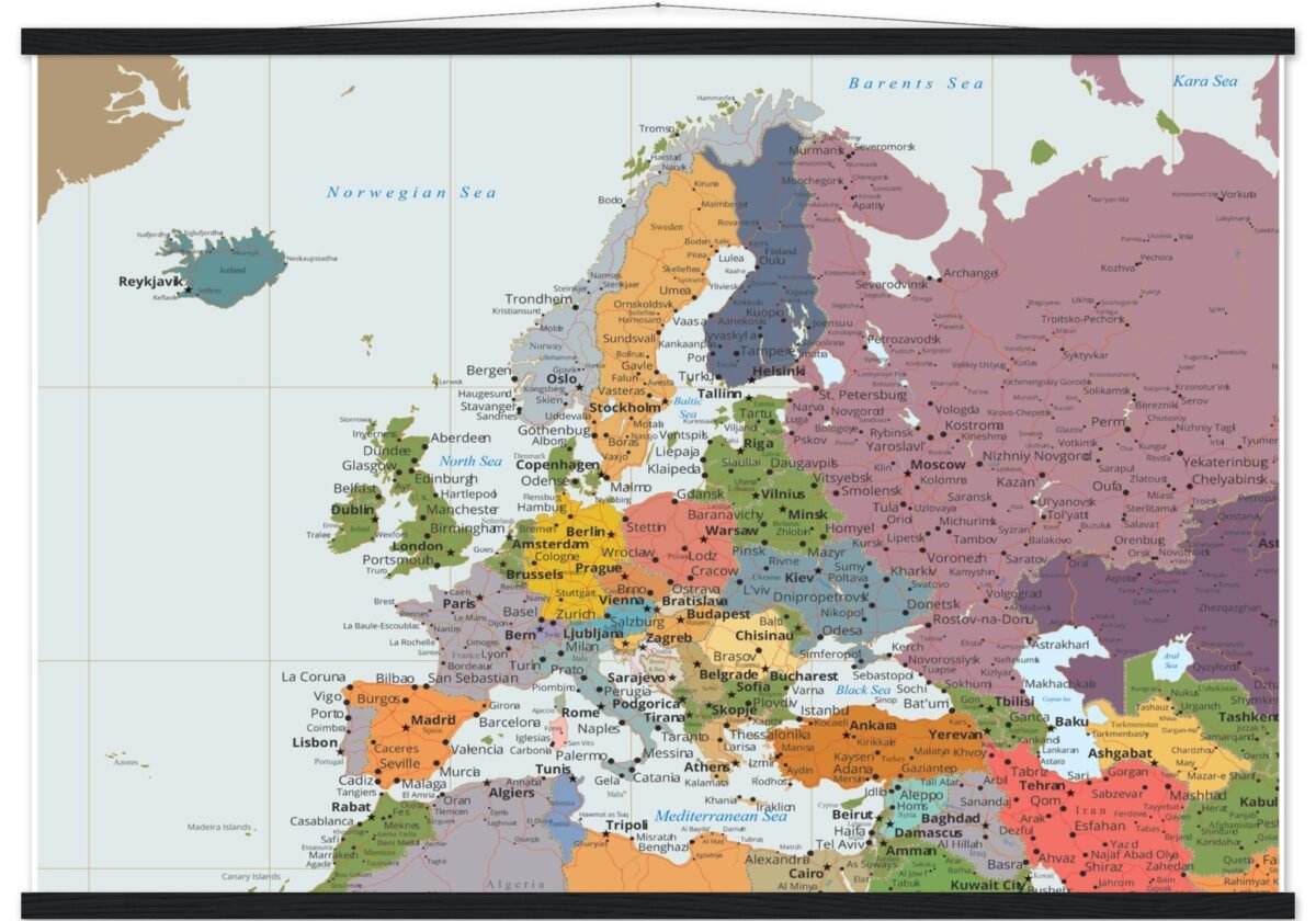 Political map of Europe showing countries, capitals, borders, and major cities.