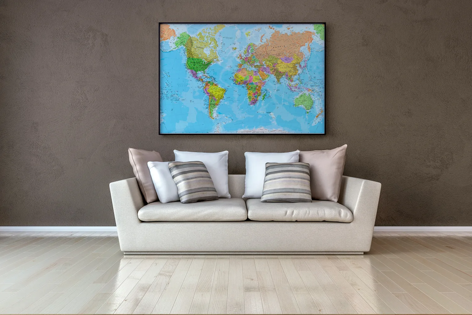  Large political world map hanging above a living room sofa