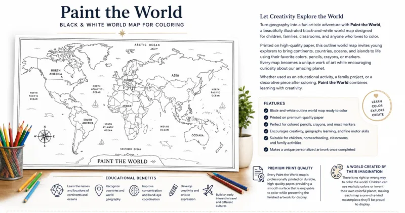 Black and white world map coloring poster for kids printed on premium paper, ready to color with pencils, crayons, or markers.