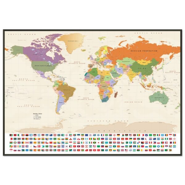 A framed world political map on matte paper, featuring colorful countries and a grid of national flags at the bottom.