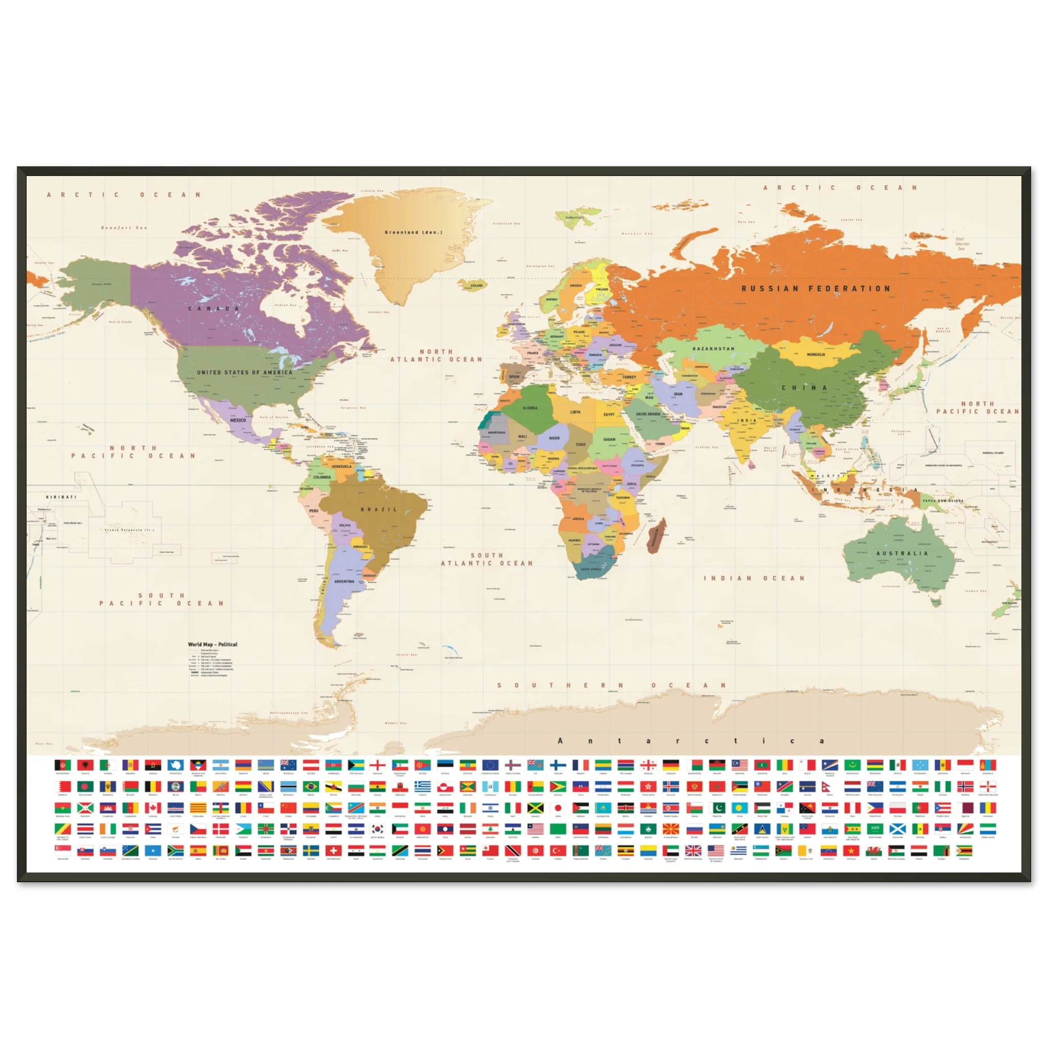 49cfb9ed-1d2b-449c-bbab-76be8ed34ca0-jpg.webp A framed world political map on matte paper, featuring colorful countries and a grid of national flags at the bottom.
