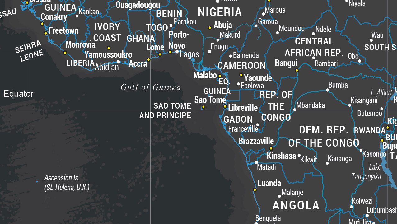 A detailed political world map section showing West and Central Africa in white text on a dark charcoal background.