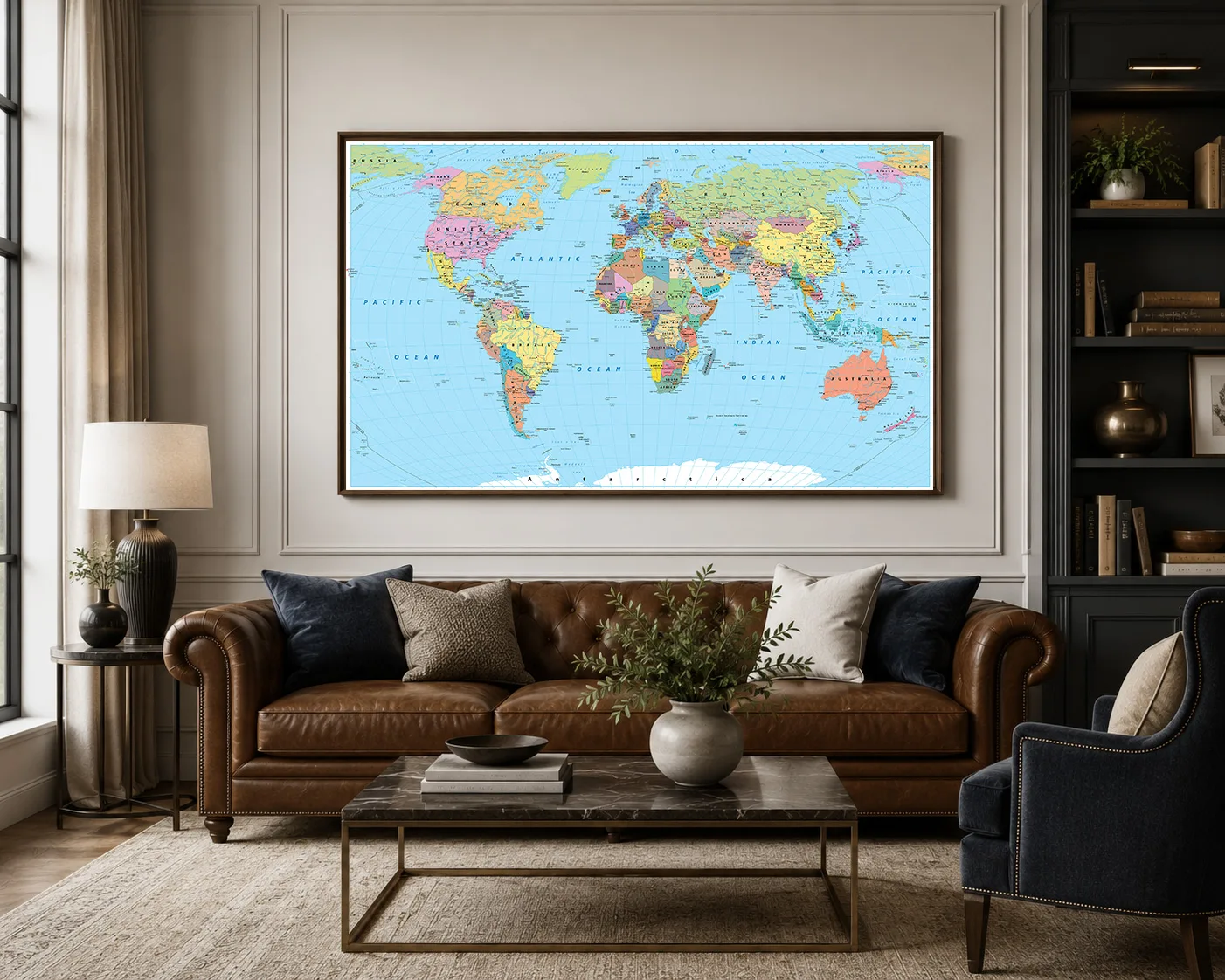 World Map Wall Art in an Elegant Living Room