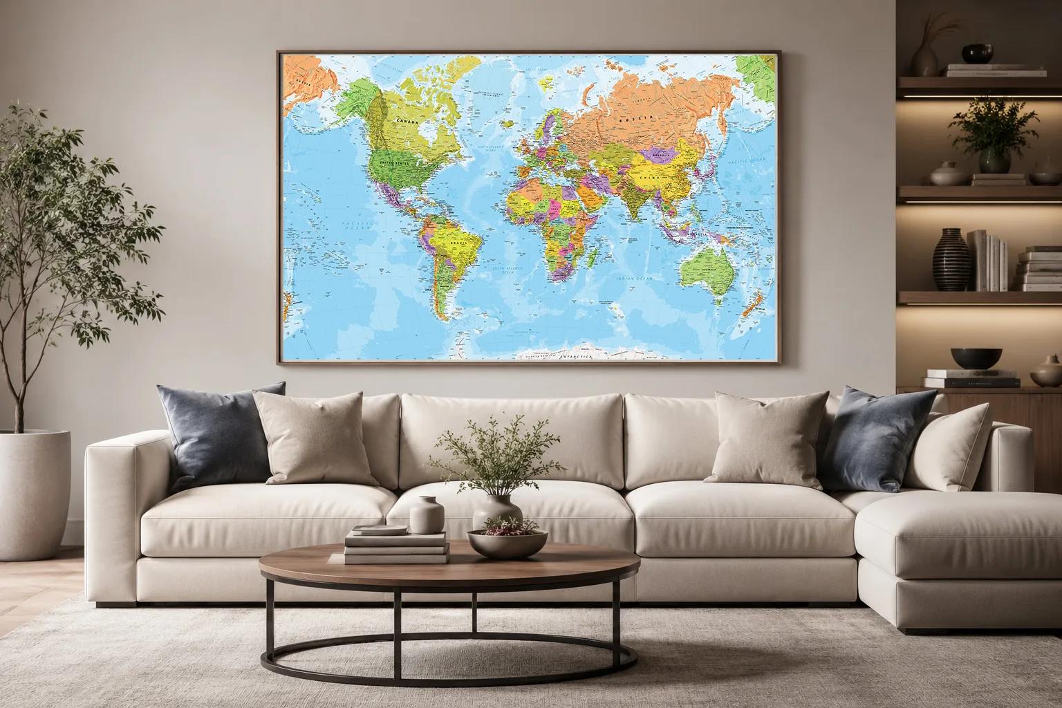 A colorful political world map wall art hangs above a modern beige sofa in a contemporary living room interior.