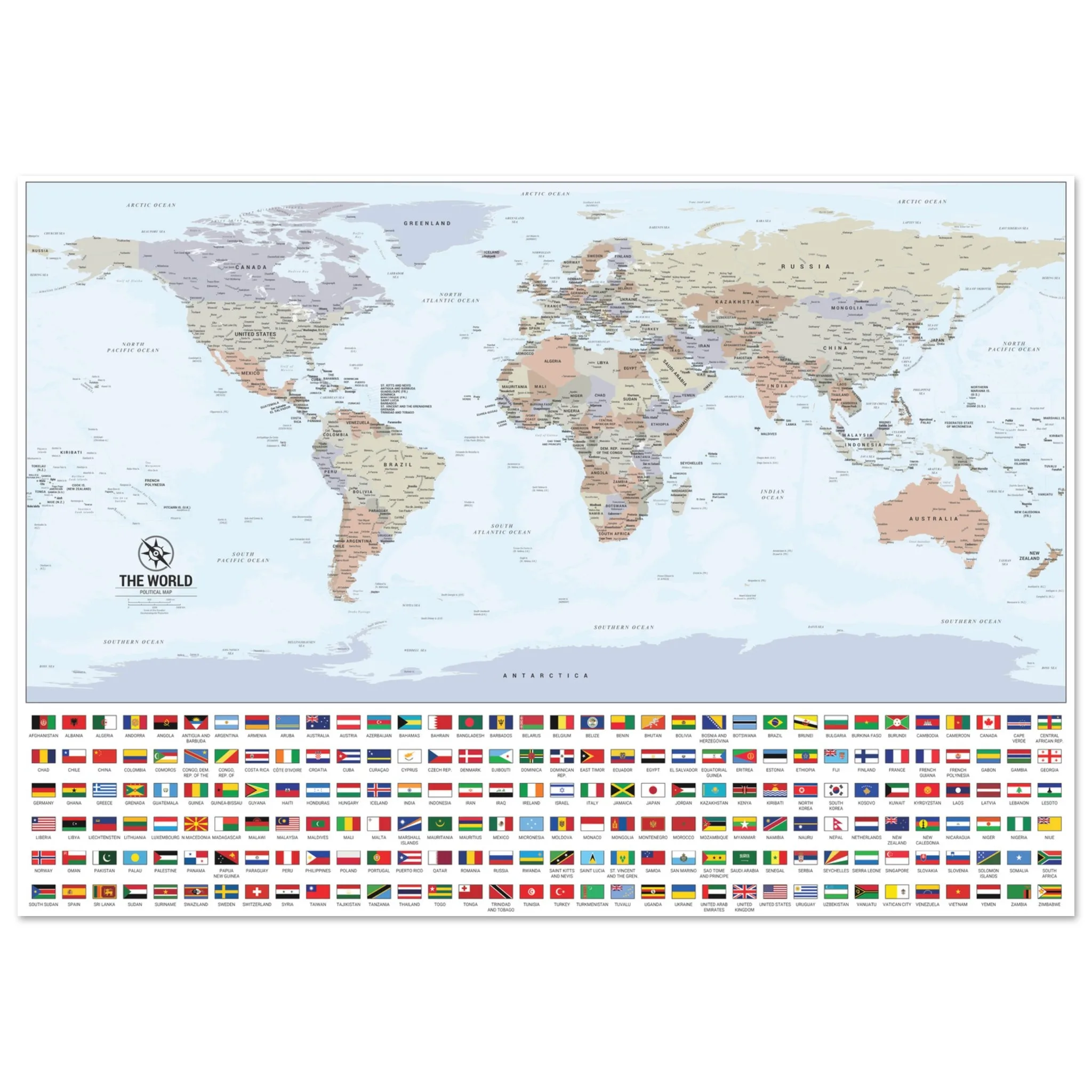 A detailed political world map in muted colors with a grid of national flags displayed along the bottom border.