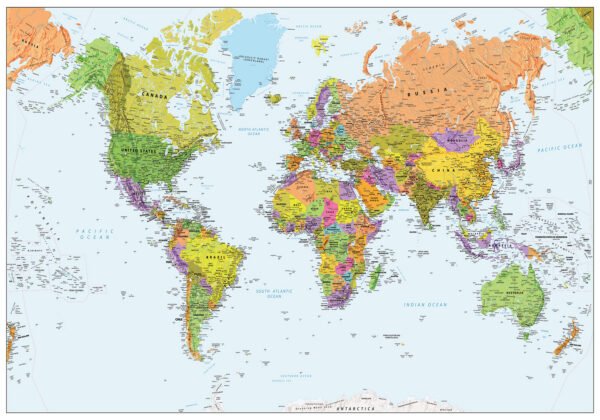 A detailed world map showing political boundaries and physical terrain features in vibrant colors on a light background.