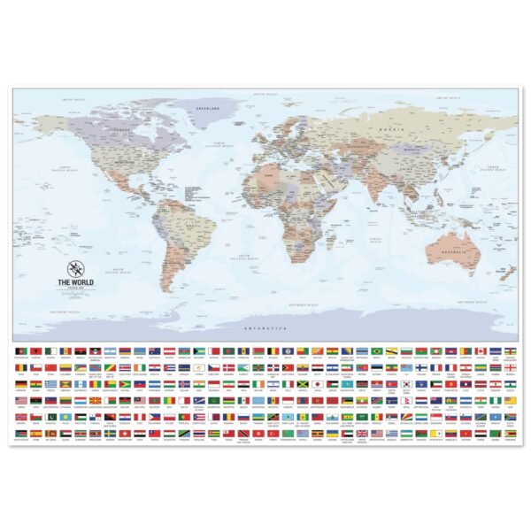A detailed political world map in muted colors with a grid of national flags displayed along the bottom border.